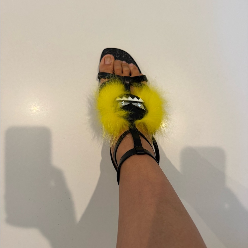 Fendi Black Sandals with Yellow Fur Accents